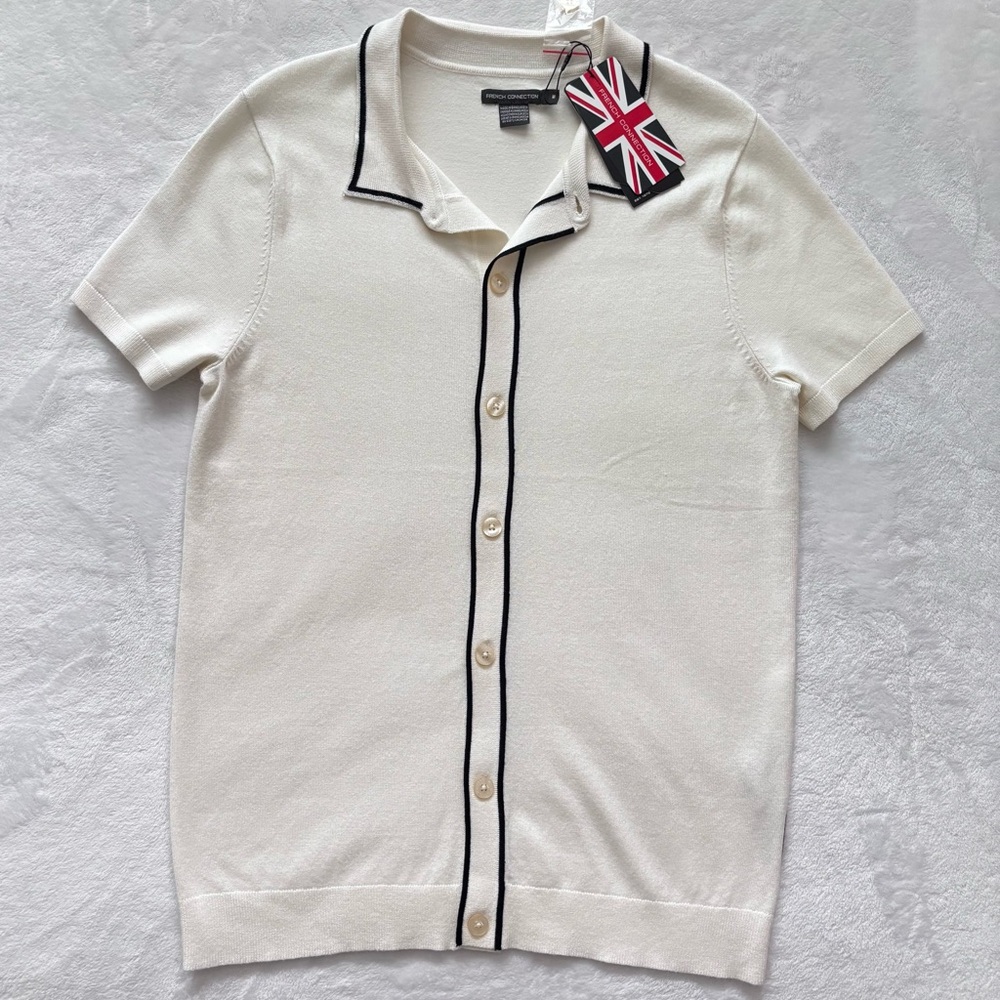 FRENCH CONNECTION Cream Button Down Short Sleeve Sweater Shirt--M